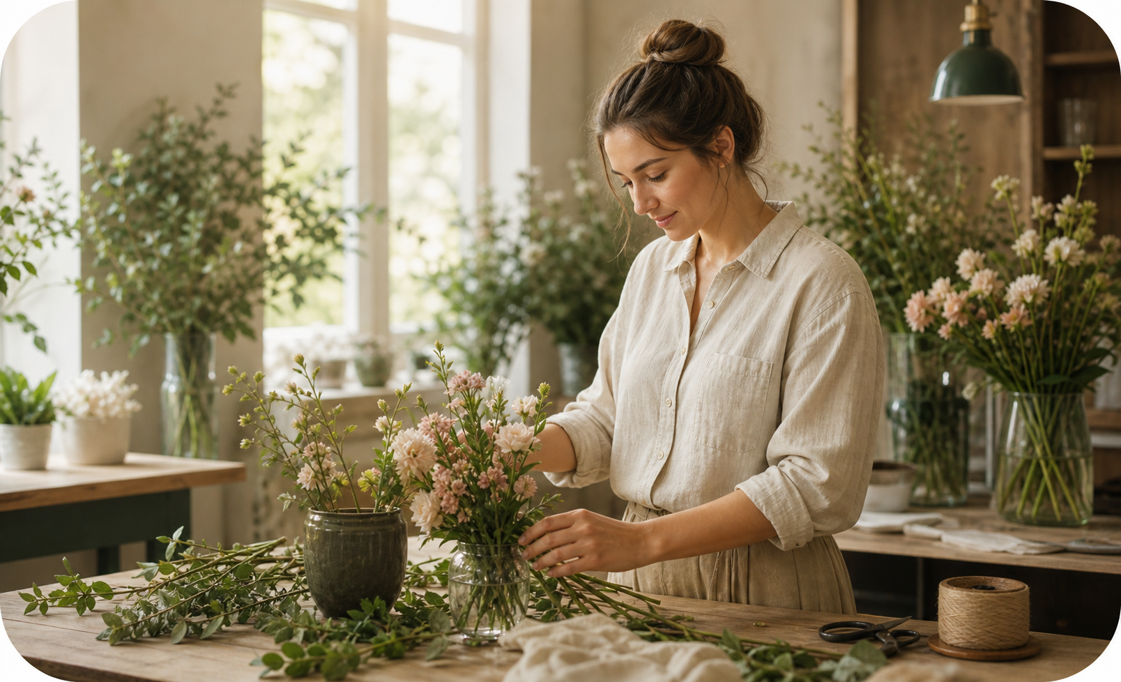 Florist som arrangerar blommor i en ljus studio